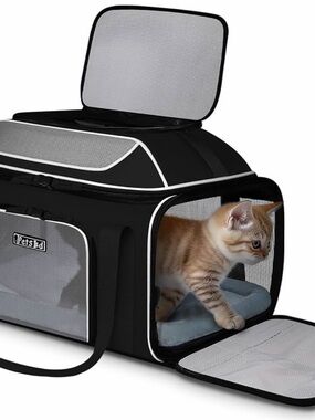 Portable Black Soft-Sided Cat Carrier with Mesh Panels